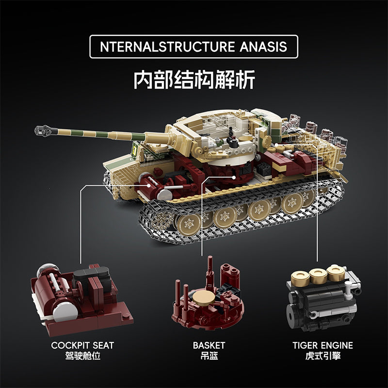 TK8003 1:8 Camouflage Tiger I Tank Building Blocks, 1595 PCS WW2 Military Static Tank Model, Adult Collectible Building Brick Gift