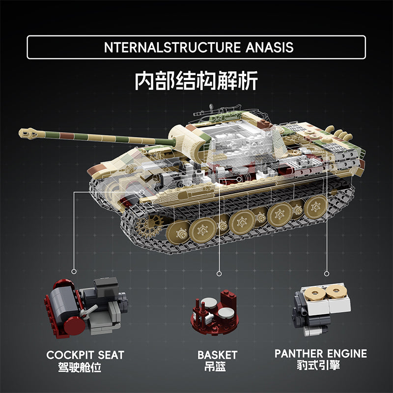 TK8002 1:8 Panther Tank Building Blocks, 1675 PCS WW2 Military Tank Model Kit, Adult Collectible Bricks Gift