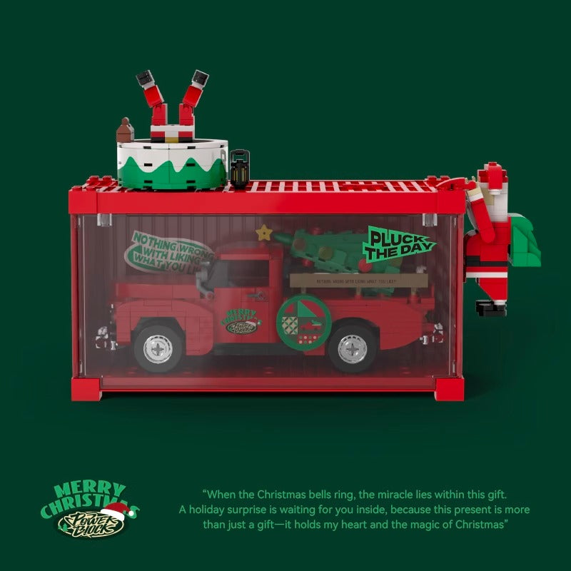 PB8849 Christmas Red Pickup Truck Building Blocks Set, 500 PCS MOC Vintage Truck Model with Christmas Tree & Display Container, Static Collectible Building Bricks, Christmas Holiday Gift for Adults & Teens