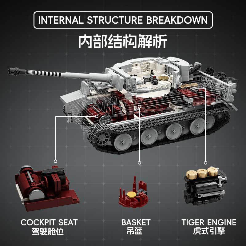 TK8001 1:8 Tiger I Tank Building Blocks, 1544 PCS WW2 Military Tank Model, Adult Collectible Building Brick Gift