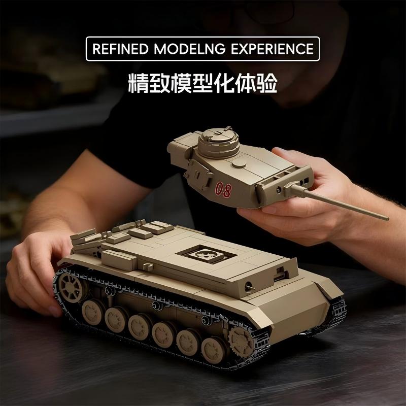 TK9002 1:8 Panzer III Tank Building Blocks, 481 PCS WW2 German Dark Gray Medium Tank Static Model, Adult Collectible Building Brick Gift