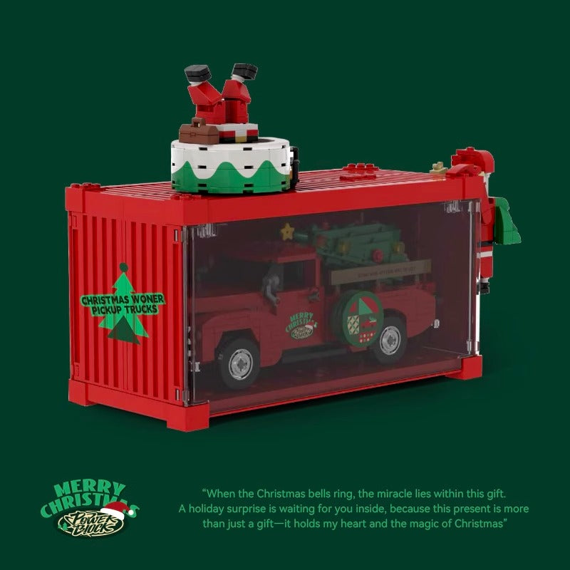 PB8849 Christmas Red Pickup Truck Building Blocks Set, 500 PCS MOC Vintage Truck Model with Christmas Tree & Display Container, Static Collectible Building Bricks, Christmas Holiday Gift for Adults & Teens