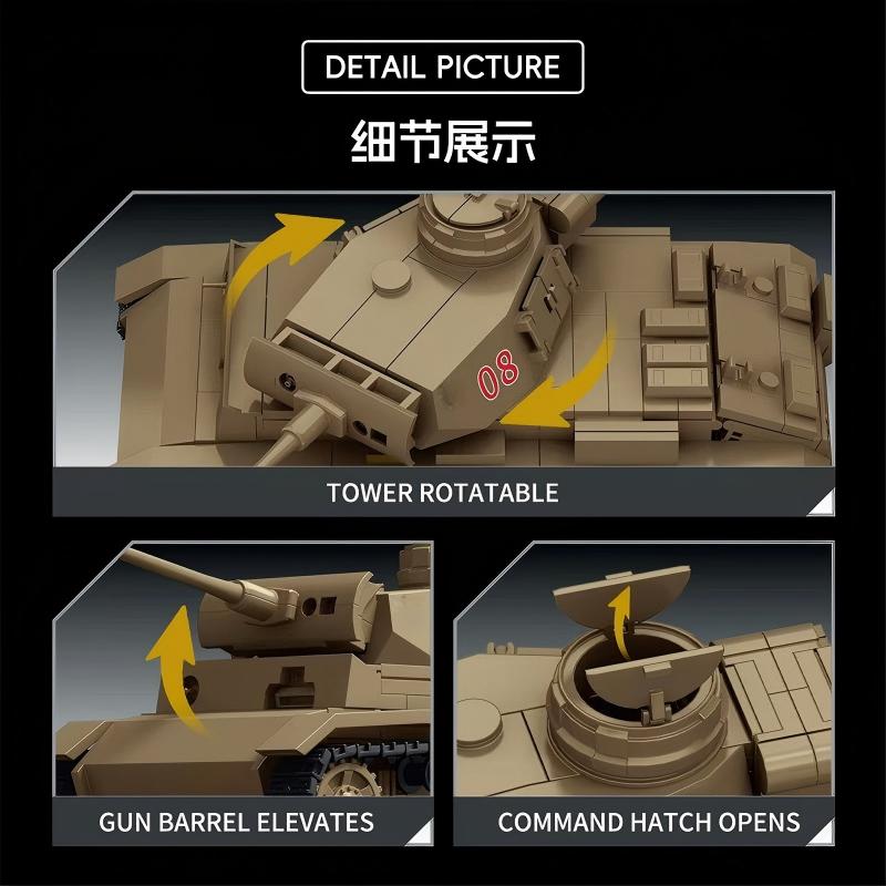 TK9002 1:8 Panzer III Tank Building Blocks, 481 PCS WW2 German Dark Gray Medium Tank Static Model, Adult Collectible Building Brick Gift
